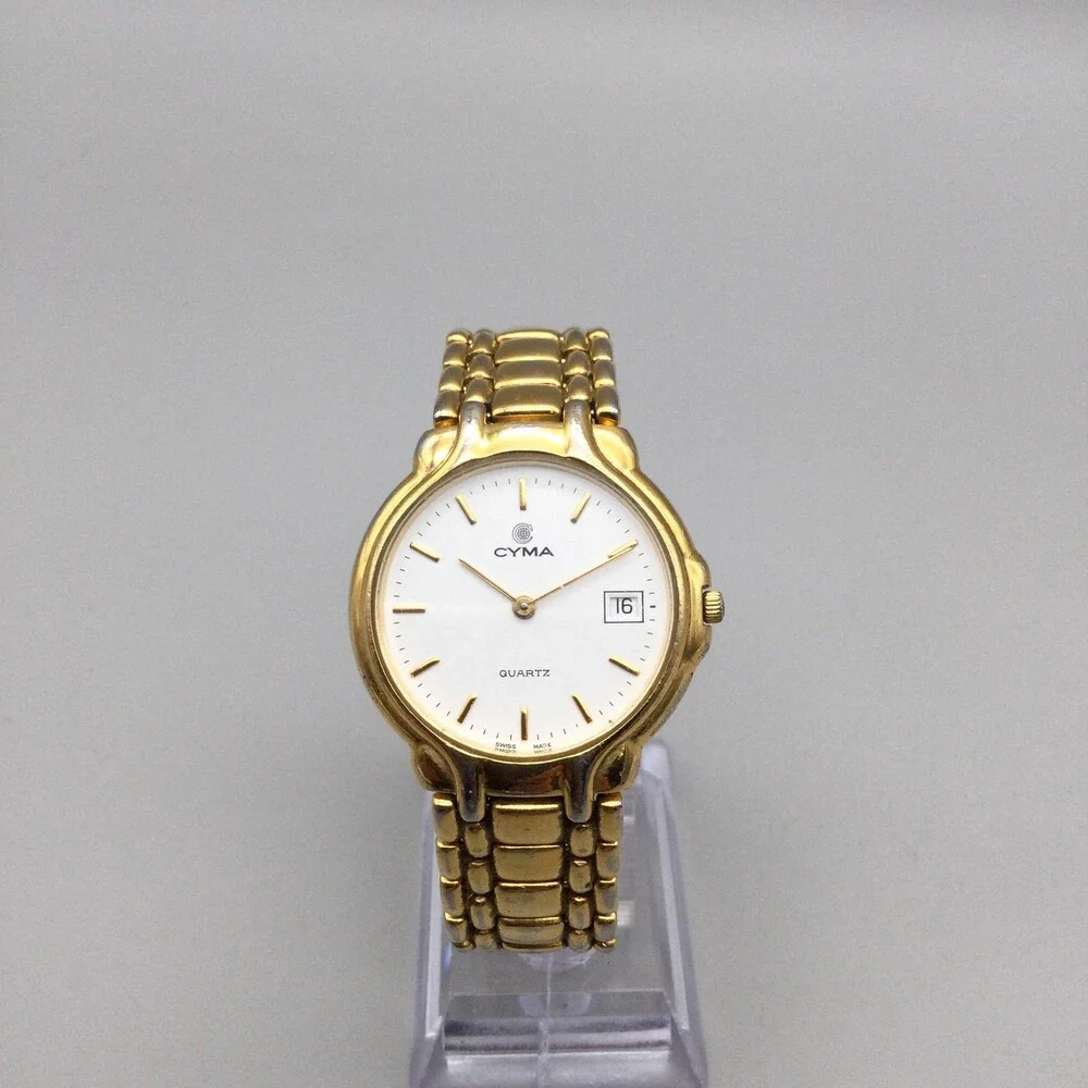 Cyma Le Locle Mens Watch 33mm Gold Tone Date Swiss Made New Battery 7.25